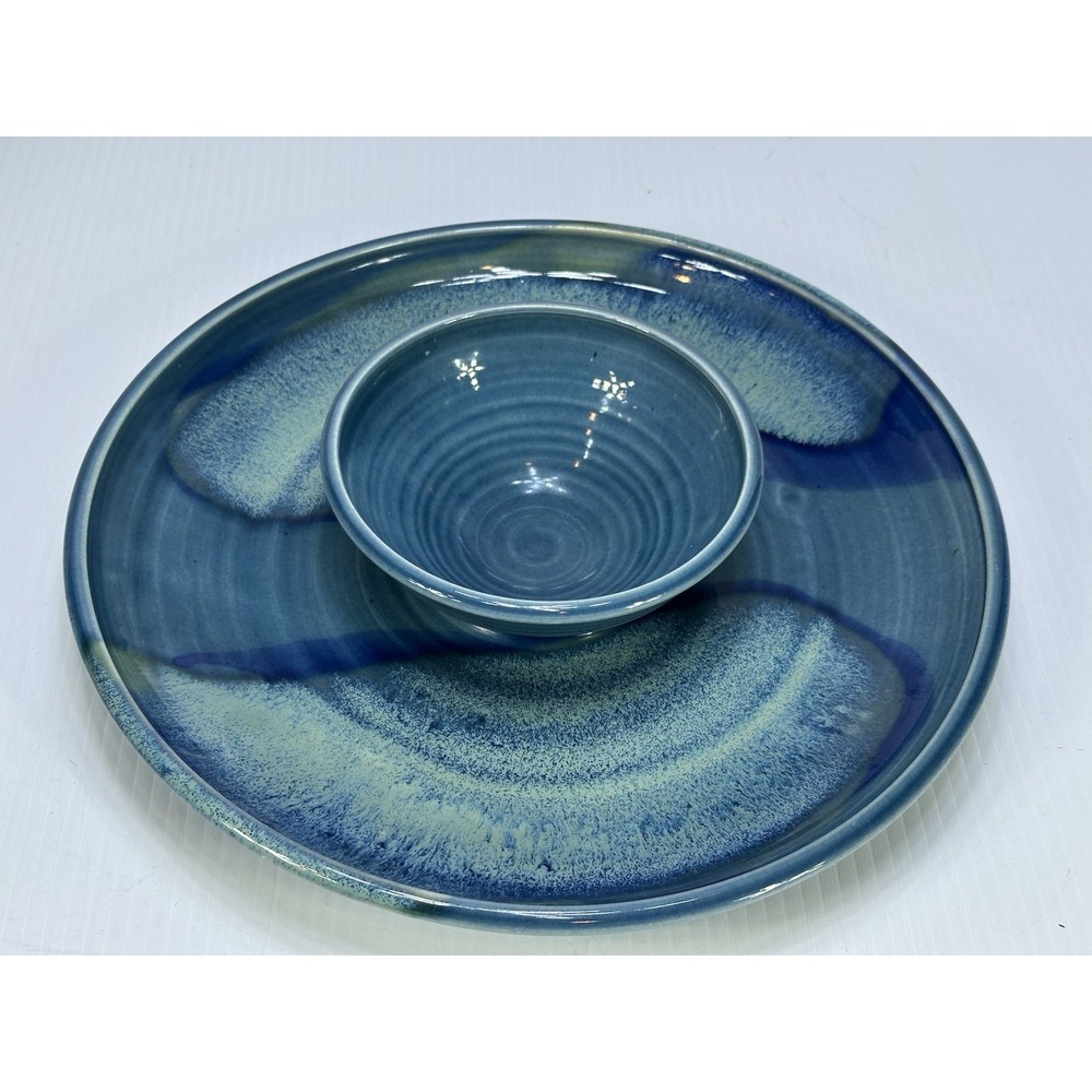 Studio Art Pottery Chip & Dip Serving Plate Hand Thrown Attached Bowl Signed